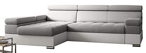 Ecksofa Paulo mit Schlaffunktion, Eckcouch mit Bettkasten, Schlafsofa mit bettfunktion, Freistehend schlafsofa, L-Form Ecksofa, Ottomane Links (Hellgrau + Weißer Kunstleder -EKO), 260 cm x 162 cm von PAOLO