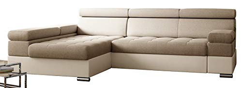 PAOLO Ecksofa Schlaffunktion, Eckcouch mit Bettkasten, Freistehendes Schlafsofa, L-Form Ecksofa, Schlafsofa mit bettfunktion, L-Form Sofa (Cremig + Cremiger Kunstleder (EKO) von PAOLO