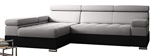 PAOLO Ecksofa Schlaffunktion, Eckcouch mit Bettkasten, Freistehendes Schlafsofa, L-Form Ecksofa, Schlafsofa mit bettfunktion, L-Form Sofa (Hellgrau + Schwarzer Kunstleder (EKO)) von PAOLO