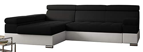 PAOLO Ecksofa Schlaffunktion, Eckcouch mit Bettkasten, Freistehendes Schlafsofa, L-Form Ecksofa, Schlafsofa mit bettfunktion, L-Form Sofa (Schwarz + Weißer Kunstleder (EKO) von PAOLO