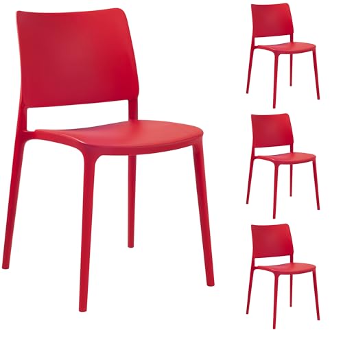 PAPATYA Joy-S 4er-Set Designer- Kunststoffstuhl, 200 kg belastbar, Leichter stapelbar Gartenstuhl, wetterfester Balkonstuhl, Terrassenstuhl, Hotelstühle, Restaurantstühle, Stapelstuhl (Rot) von PAPATYA