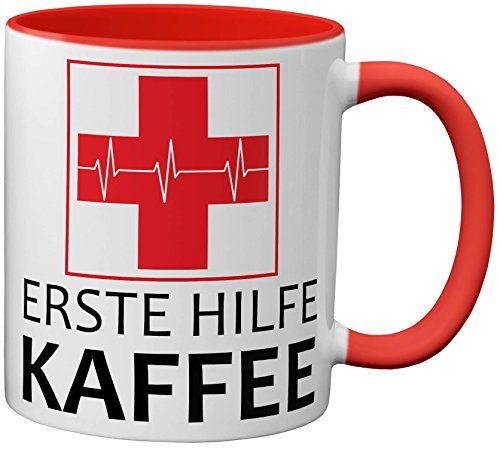 PAPAYANA - 1075 - ERSTE-Hilfe-Kaffee - Beidseitig Bedruckte Tasse 325ml 11oz - Große Farbauswahl - Rot von PAPAYANA