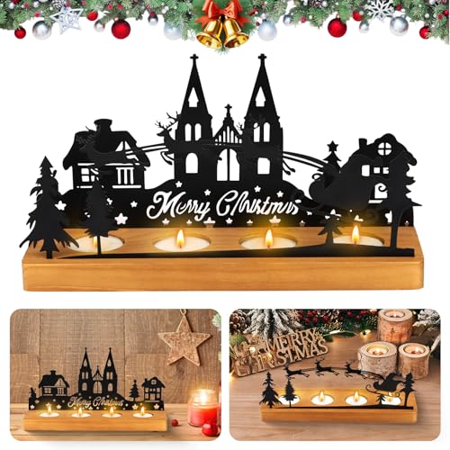 PAPAcroscoma Aktualisiert Advent Kerzenhalter weihnachtskerzenhalter: Schwarz Adventskranz Teelichthalter Weihnachten Kerzentablett metall mit holz für Tisch Adventsdeko Weihnachtsdeko Modern Geschenk von PAPAcroscoma