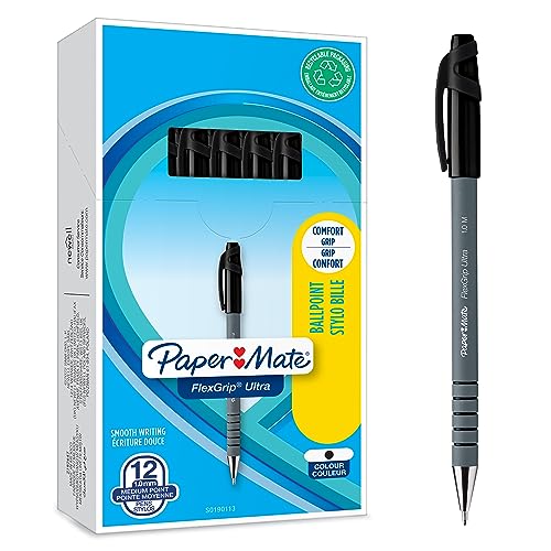 PAPER MATE Flexgrip Ultra-Kugelschreiber mit Kappe | mittlere Spitze (1,0 mm) | schwarz | 12er-Box von PAPER MATE