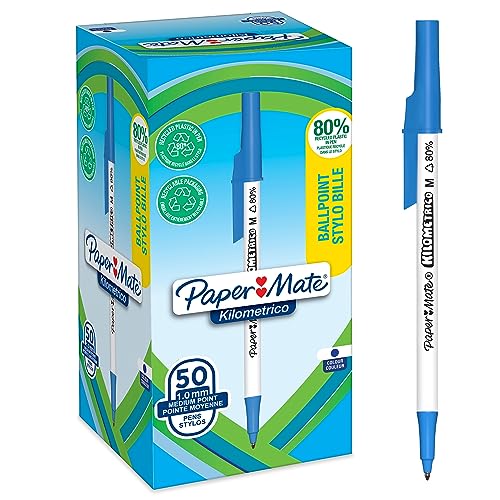PAPER MATE Kilometrico Kugelschreiber | lange Schreibdauer mit mittlerer Spitze (1,0 mm) | blaue Tinte | 80% recyceltes Plastik | 50 Stück von Paper Mate