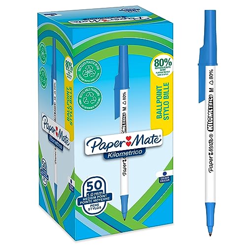 PAPER MATE Kilometrico Kugelschreiber | lange Schreibdauer mit mittlerer Spitze (1,0 mm) | blaue Tinte | 80% recyceltes Plastik | 50 Stück von PAPER MATE
