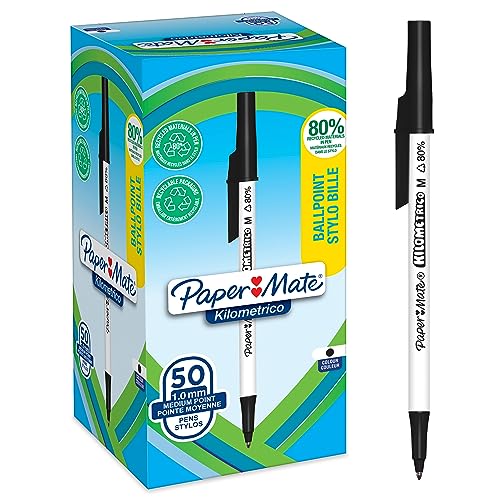 PAPER MATE Kilometrico Kugelschreiber | lange Schreibdauer mit mittlerer Spitze (1,0 mm) | schwarze Tinte | 80% recyceltes Plastik | 50 Stück von PAPER MATE