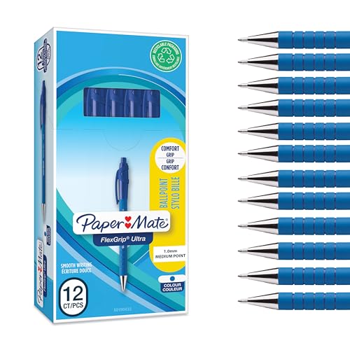 Paper Mate Flexgrip Ultra-Druckkugelschreiber | mittlere Spitze (1,0 mm) | blau stifte set | Schulsachen und bürobedarf | 12er-Box von Paper Mate