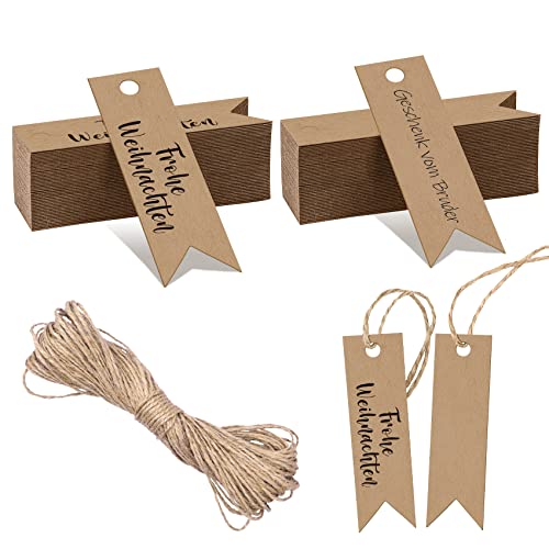 PAPERKIDDO Merry Christmas Geschenkanhänger, 100 Stück Papieranhänger Tags Frohe Weihnachten Kraftpapier mit 20M Jute Schnur Frohe für Dekoration Geschenke Party DIY von PAPERKIDDO