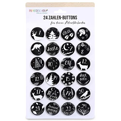 Papierdrachen 24 Adventskalender-Zahlen Buttons 35mm - Anstecknadeln zum Dekorieren von Adventskalendern - mit Zahlen von 1-24 - Schwarz-Weiss - Ideal für Stoffsäckchen, Tüten und Beutel von Papierdrachen