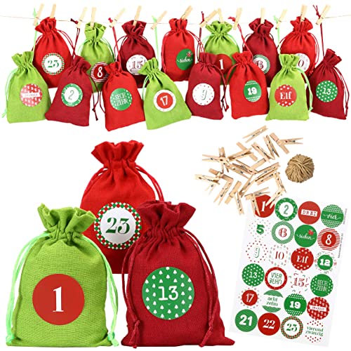 Papierdrachen 24 Adventskalender Stoffsäckchen zum Befüllen - mit Zahlenaufklebern von 1-24 - Stoffbeutel zum selber Dekorieren - Geschenksäckchen - Rot Grün Set Nr 28 von Papierdrachen