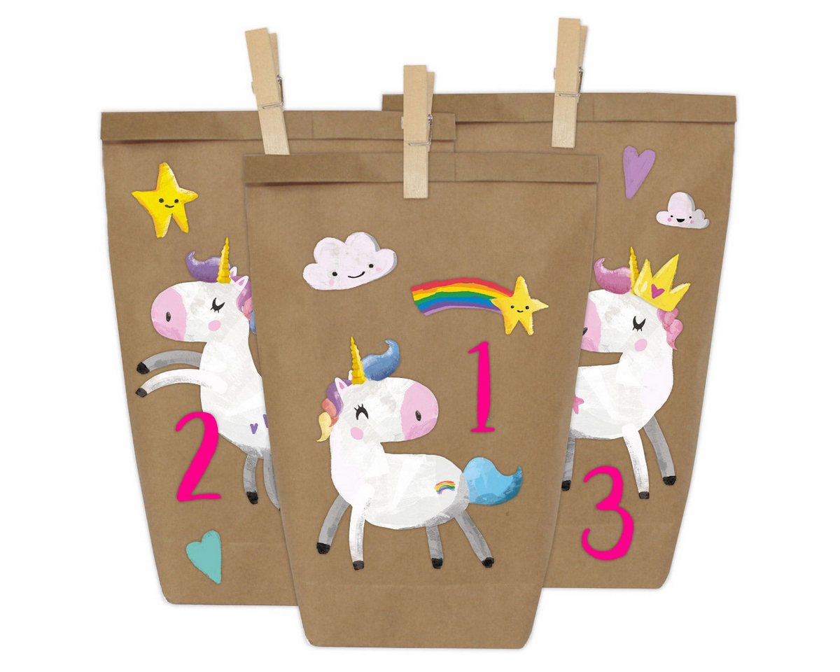 PAPIERDRACHEN DIY-Adventskalender 24 Papiertüten - Motiv Einhorn (24-tlg), 22x14x5cm von PAPIERDRACHEN