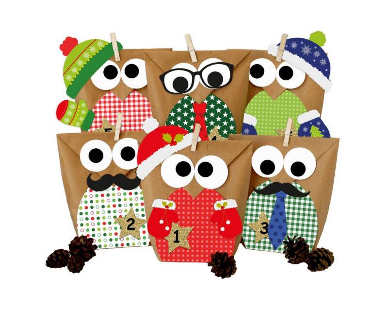 PAPIERDRACHEN DIY-Adventskalender 24 Papiertüten - Weihnachtseulen (24-tlg), 22x31x2cm von PAPIERDRACHEN