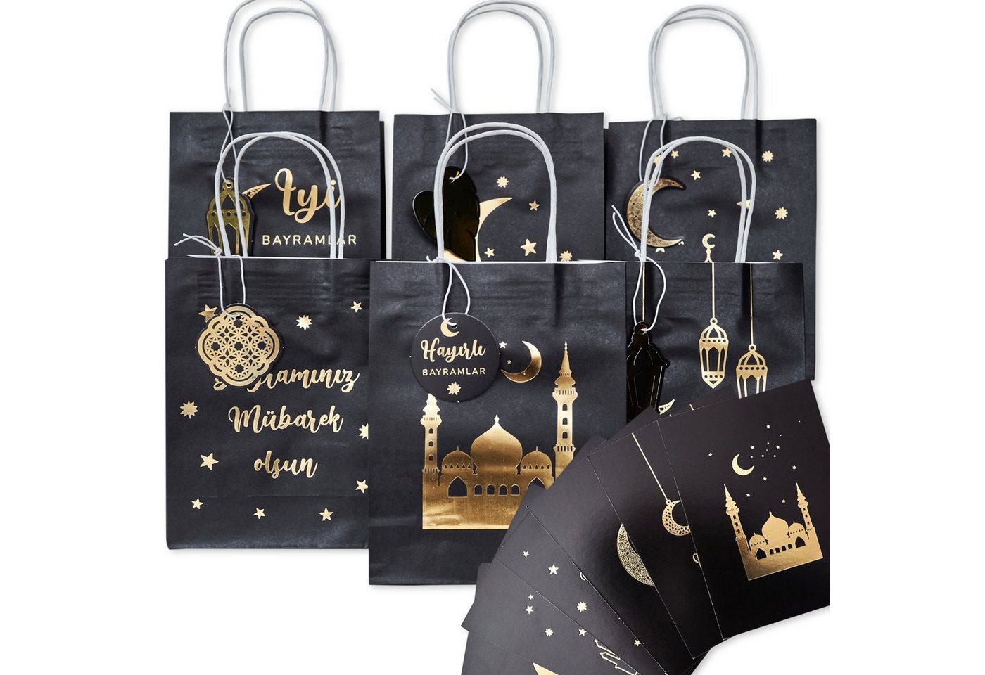 PAPIERDRACHEN Geschenkbox 6 bunte Henkeltüten zu Ramadan - mit Anhängern und Postkarten, mit Anhängern und Postkarten - ideal zum Verpacken von Geschenken von PAPIERDRACHEN