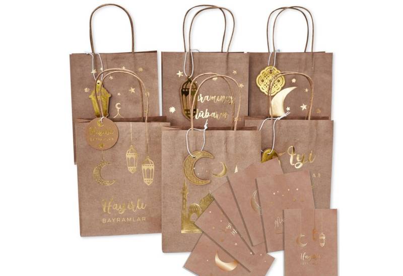 PAPIERDRACHEN Geschenkbox 6 bunte Henkeltüten zu Ramadan - mit Anhängern und Postkarten, mit Anhängern und Postkarten - ideal zum Verpacken von Geschenken von PAPIERDRACHEN