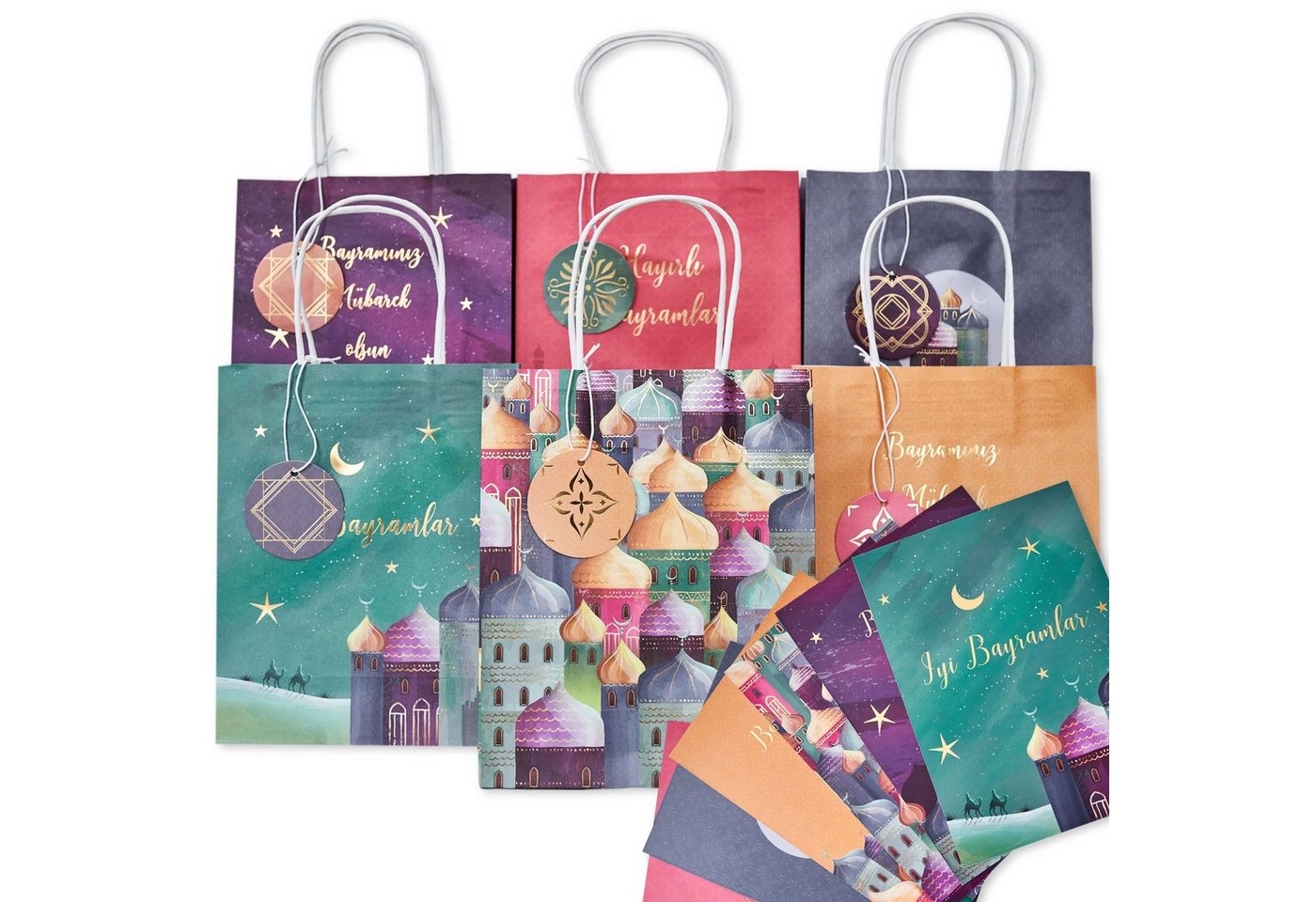 PAPIERDRACHEN Geschenkbox 6 bunte Henkeltüten zu Ramadan - mit Anhängern und Postkarten, mit Anhängern und Postkarten - ideal zum Verpacken von Geschenken von PAPIERDRACHEN