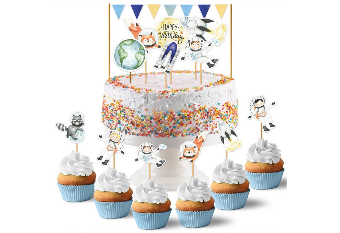 PAPIERDRACHEN Papierdekoration Cake Topper - Kuchendekoration- 19-teilig -in verschiedenen Designs, Kuchenstecker für den Kindergeburtstag von PAPIERDRACHEN