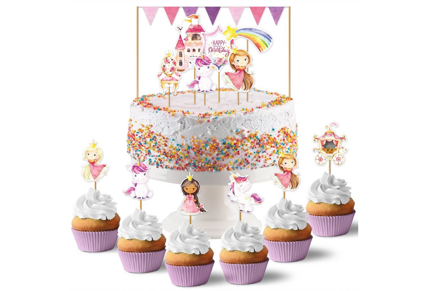PAPIERDRACHEN Papierdekoration Cake Topper - Kuchendekoration- 19-teilig -in verschiedenen Designs, Kuchenstecker für den Kindergeburtstag von PAPIERDRACHEN