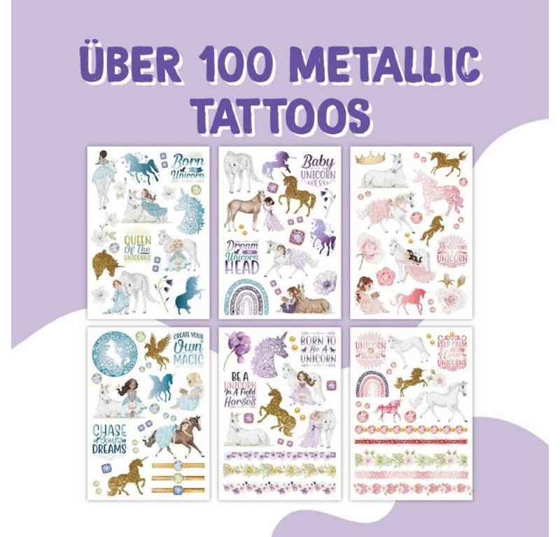 PAPIERDRACHEN Sticker Tattoo Set - Einhorn - 100 Metallic Tattoos von PAPIERDRACHEN
