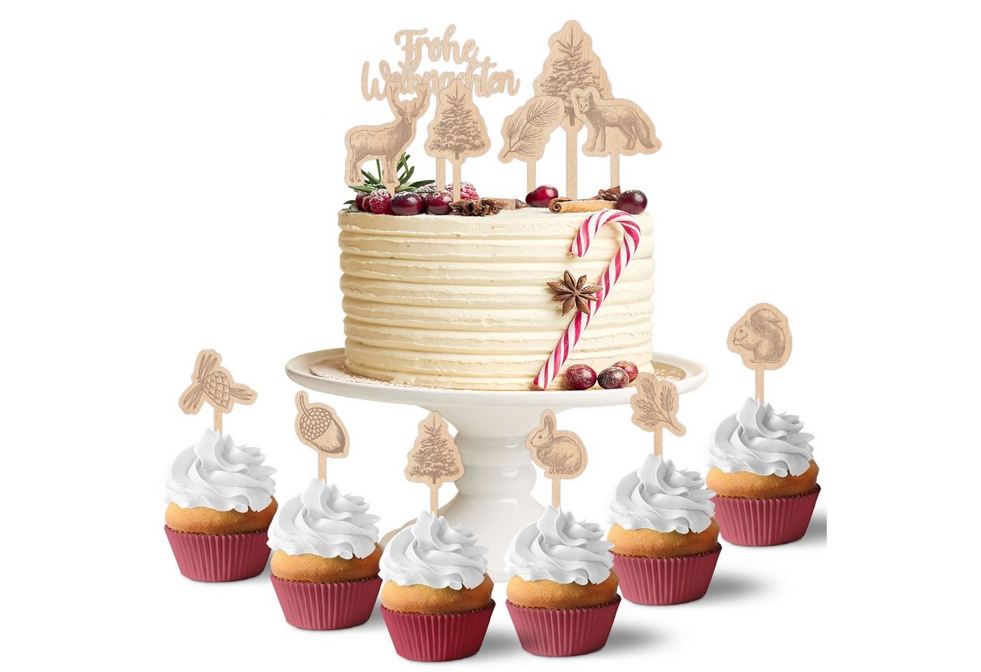 PAPIERDRACHEN Tortenstecker Caketopper zu Weihnachten - Kuchenstecker - aus Holz, 12 Muffinstecker l 5 Kuchenstecker l 1 Holz-Schriftzug von PAPIERDRACHEN