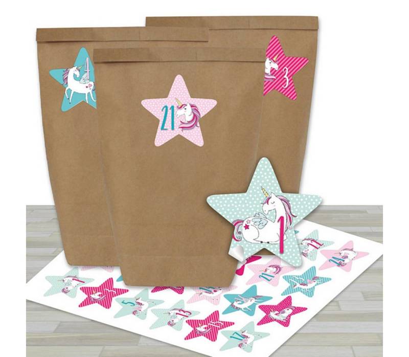 PAPIERDRACHEN befüllbarer Adventskalender EINHORN mit 24 Kraftpapiertüten und Aufklebern in Sternenform von PAPIERDRACHEN