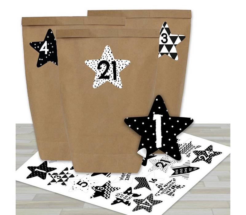 PAPIERDRACHEN befüllbarer Adventskalender STERNE mit 24 Kraftpapiertüten und Zahlenaufklebern in Sternform, Made in Germany von PAPIERDRACHEN