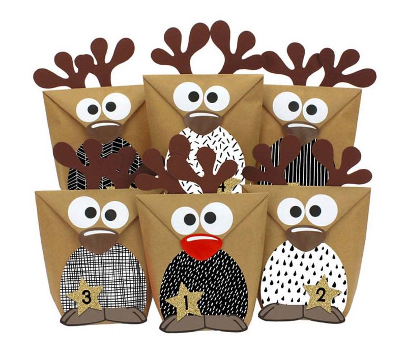 PAPIERDRACHEN befüllbarer Adventskalender Set RENTIERE mit Papiertüten, Zahlenaufklebern, Bäuche/Augen etc. von PAPIERDRACHEN