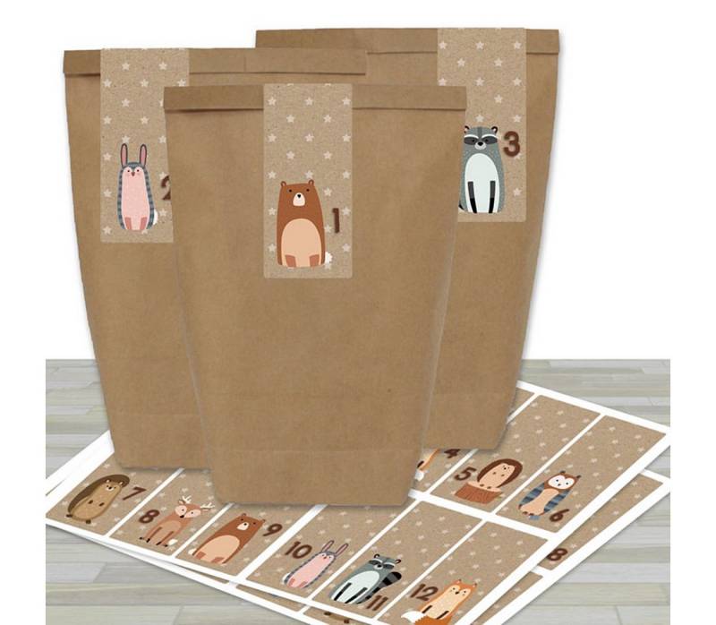 PAPIERDRACHEN befüllbarer Adventskalender WALDTIERE mit 24 Papiertüten und 24 fröhlichen Tier-Aufklebern von PAPIERDRACHEN
