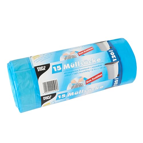 PAPSTAR 1 Karton = 9x15 Müllsäcke zum Zuziehen, LDPE 120 l 100 cm x 70 cm blau 14195 von PAPSTAR
