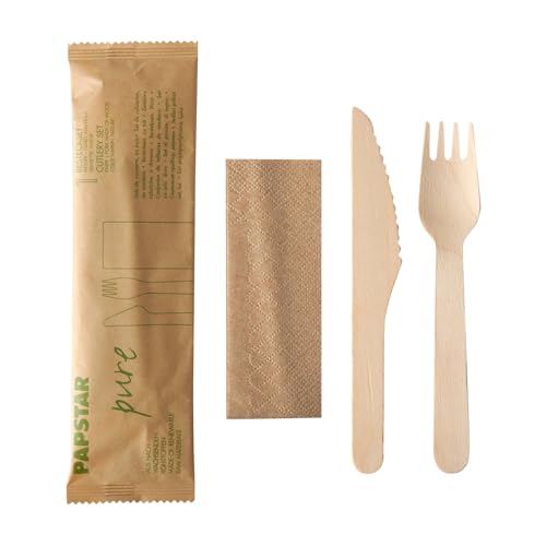 PAPSTAR Besteckset, Holz Pure 500 Stück : Messer, Gabel, Serviette in Papierbeutel von PAPSTAR