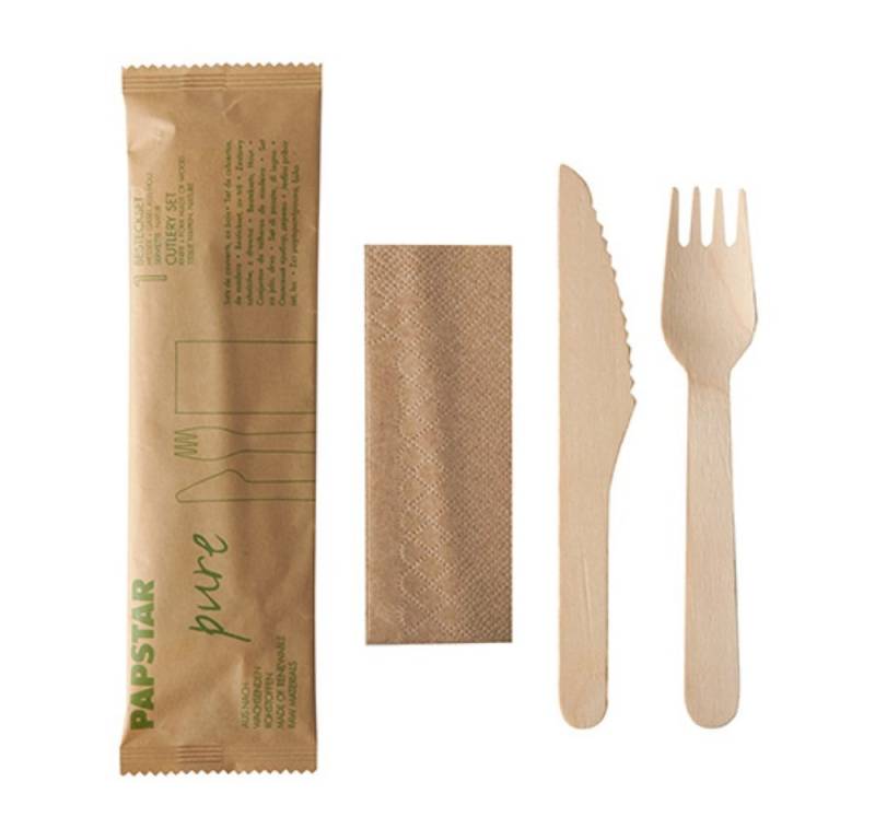 PAPSTAR Einwegbesteck-Set Besteckset Holz "pure" natur: Messer, Gabel, Serviette in Papierbeutel von PAPSTAR