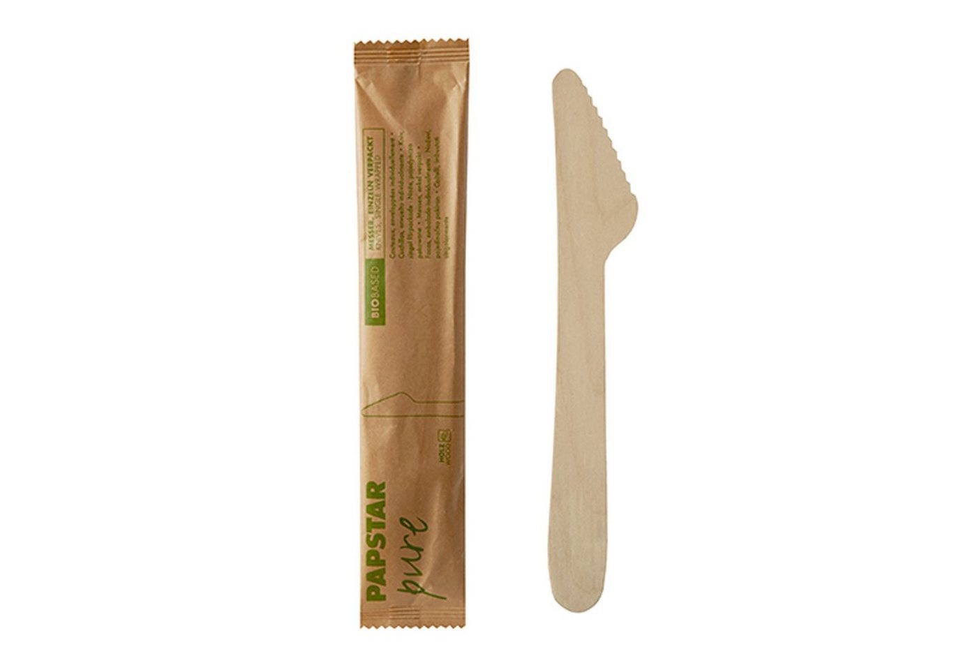 PAPSTAR Einwegmesser 500 Stück Holzmesser pure 16,5 cm natur einzeln verpackt in Papierbe von PAPSTAR