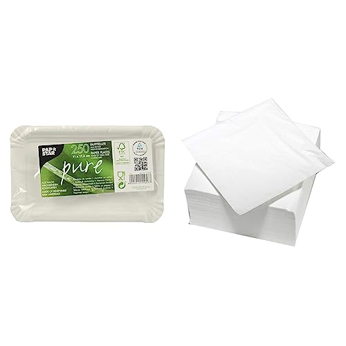 PAPSTAR Pappteller/Einwegteller weiß, eckig, Pure (250 Stück), 11 x 17.5 cm, lebensmittelecht, #11057 & LE NAPPAGE ARTS DE LA TABLE 100 Servietten aus Watte, 2-lagig, 33 x 33 cm, weiß von PAPSTAR