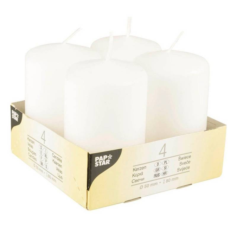 PAPSTAR Stumpenkerze PAPSTAR 10483 Stumpenkerzen 5x8cm weiss - 4er Pack von PAPSTAR