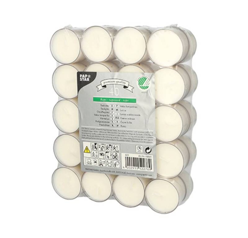 PAPSTAR Teelicht 40 Teelichte Ø 38 mm · 24 mm weiss aus Raps, in Polycarbonathülle von PAPSTAR