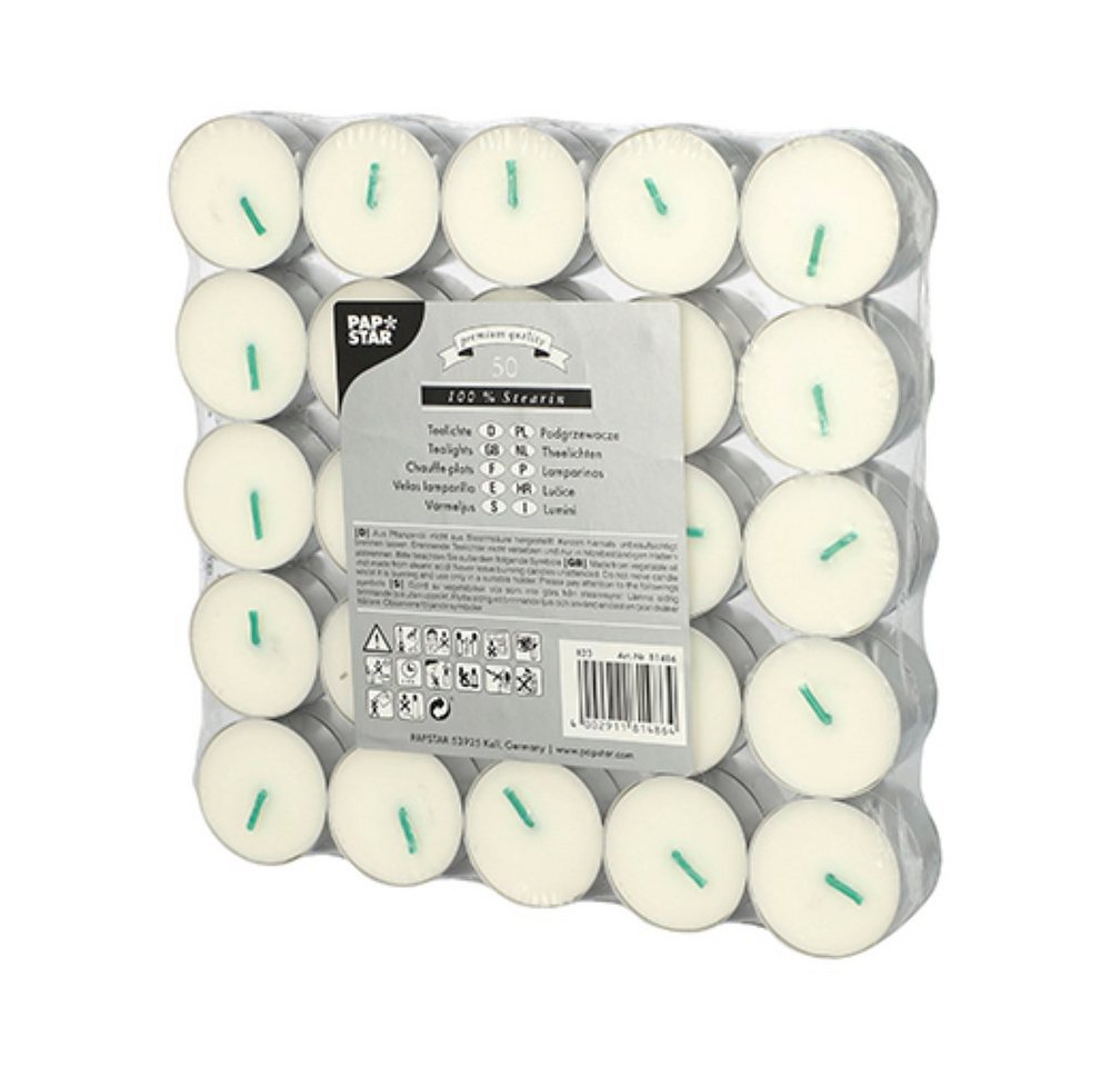 PAPSTAR Teelicht 50 Teelichte Ø 37,2 mm · 15,5 mm weiss aus 100 % Stearin von PAPSTAR