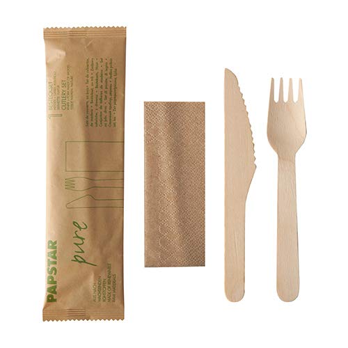 Papstar 50x Besteckset, Holz pure natur : Messer, Gabel, Serviette in Papierbeutel von PAPSTAR