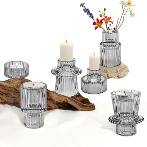 3er Windlicht Glas Set,2-in-1 Grau Teelichthalter Kerzenständer,Kerzenhalter Stabkerze Votivkerzenhalter für Deko Wohnzimmer,Teelicht Weihnachten Tischdeko,Hochzeitsessen,Partylite von PAPU