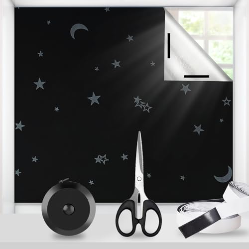 Fenster Verdunklungsrollo Ohne Bohren,100% Lichtundurchlässig & Sonnenschutz 420D Oxford Verdunklungsstoff mit Saugnäpfen| 3m x 1,45m Stern Muster| Dachfenster Verdunkelung Sonnenschutzfolie von PAPU