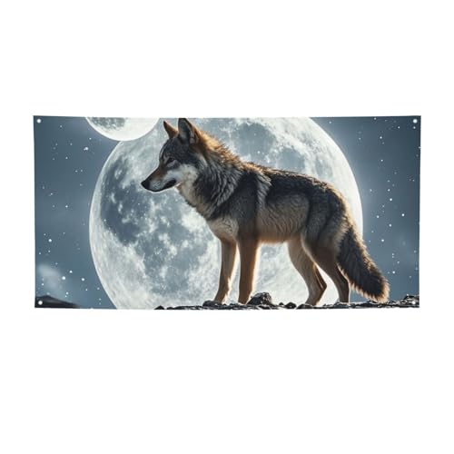 Banner für drinnen und draußen, personalisierbar, Motiv: Wolf unter dem Mond, Partyschilder, wiederverwendbar, blanko, 300D-Polyester, Dekoration, Banner für Party-Dekoration von PAQOLSMCKR