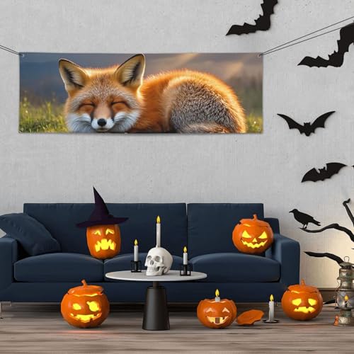 Banner für drinnen und draußen, personalisierbar, Motiv: schlafender Fuchs, Partyschilder, wiederverwendbar, leeres Schild, 300D Polyester, Dekoration, Banner für Party-Dekoration von PAQOLSMCKR