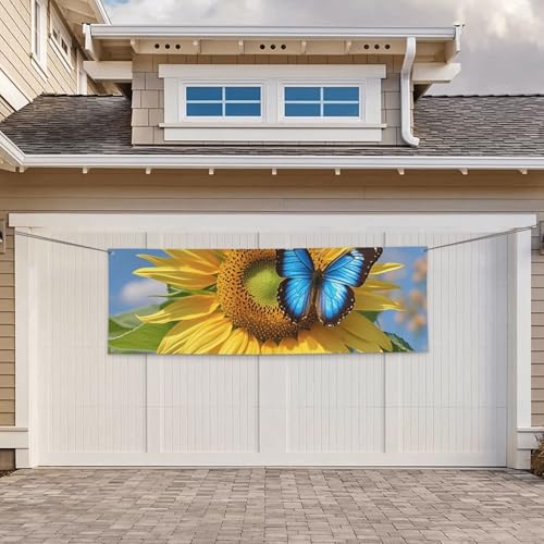 Banner für drinnen und draußen, personalisierbar, Sonnenblume, blauer Schmetterling, Partyschilder, wiederverwendbar, leeres Schild, 300D Polyester, Dekoration, Banner für Party-Dekoration von PAQOLSMCKR