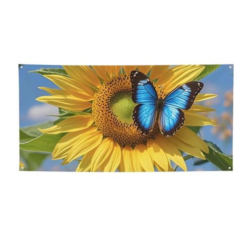 Banner für drinnen und draußen, personalisierbar, Sonnenblume, blauer Schmetterling, Partyschilder, wiederverwendbar, leeres Schild, 300D Polyester, Dekoration, Banner für Party-Dekoration von PAQOLSMCKR