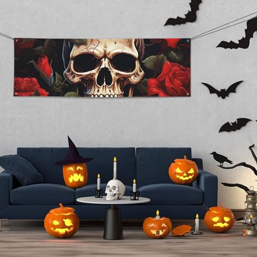 Banner für drinnen und draußen, personalisierbar, Totenkopf, rosenrote Banner, Partyschilder, wiederverwendbar, blanko, 300D Polyester, Dekoration, Banner für Party-Dekoration von PAQOLSMCKR