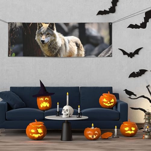 Banner für drinnen und draußen, personalisierbar, Wildtierwolf, Partyschilder, wiederverwendbar, blanko, 300D-Polyester, Dekoration, Banner für Party-Dekoration von PAQOLSMCKR