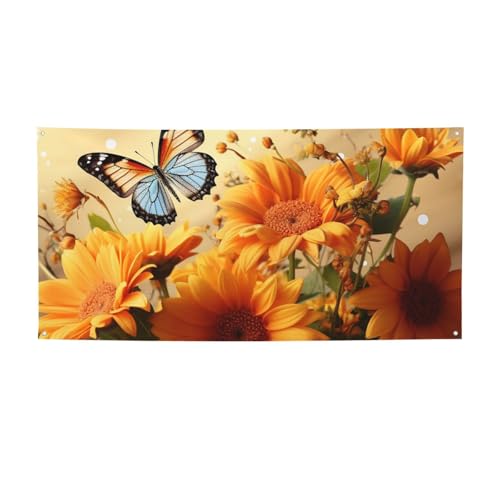 Banner für drinnen und draußen, personalisierbar, niedliche Sonnenblumen- und Schmetterlings-Banner, Partyschilder, wiederverwendbar, leeres Schild, 300D-Polyester, Dekoration, Banner für von PAQOLSMCKR