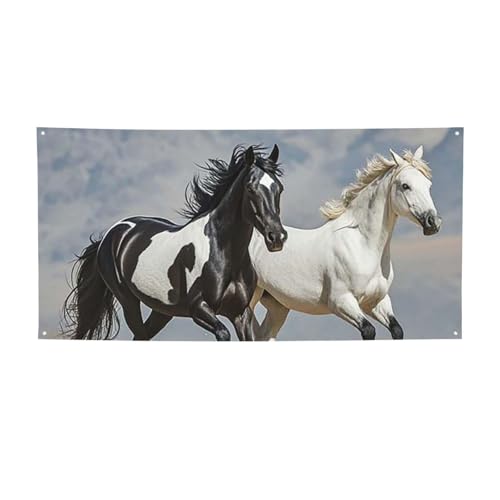 Banner für drinnen und draußen, personalisierbar, schwarz-weiße Pferde, laufende Banner, Partyschilder, wiederverwendbar, leeres Schild, 300D-Polyester, Dekoration, Banner für Party-Dekoration von PAQOLSMCKR