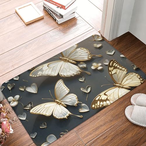Fußmatte 60 x 40 cm, rutschfeste Schmutzfangmatte, maschinenwaschbar, goldfarbene weiße Schmetterlinge, Schwarz, Eingangsmatte für Innen- und Außenbereich, Eingangsmatte für Garage, Terrasse, Veranda Fußmatte 60 x 40 cm, rutschfeste Schmutzfangmatte, maschinenwaschbar, goldfarbene weiße Schmetterlinge, Schwarz, Eingangsmatte für Innen- und Außenbereich, Eingangsmatte für Garage, Terrasse, Veranda von PAQOLSMCKR
