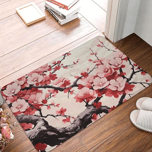 Fußmatte 60 x 40 cm, rutschfeste Schmutzfangmatte, maschinenwaschbar, japanisches Blumenmuster, Kirschblüte, Eingangsmatte, Bodenmatte für Garage, Terrasse, Veranda, Bauernhaus von PAQOLSMCKR