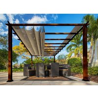 Almuiminium Pergola Florenz Pavillon mit ausziehbarem Sonnensegel holzoptik cocoa 350 x 505 x 236 cm (l x b x h) - Paragon Outdoor von PARAGON OUTDOOR